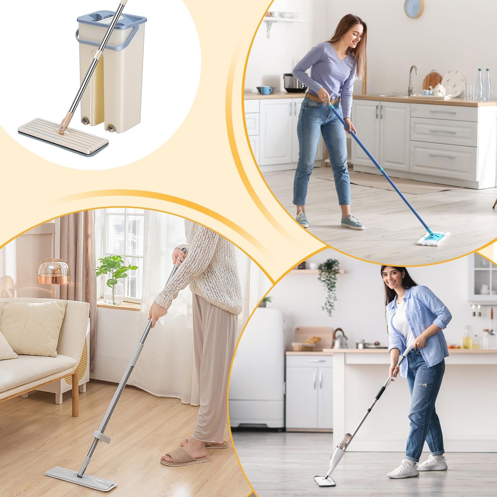 Juego De Fregona Plana, Limpiador Exprimible Y Cubo De Limpieza Eficiente | Juego De Fregona Cubo con Escurridor, Limpiezas Cómoda, Kit De Limpieza para Pisos Planos Sin Tocar, Uso En Seco Y Húmedo