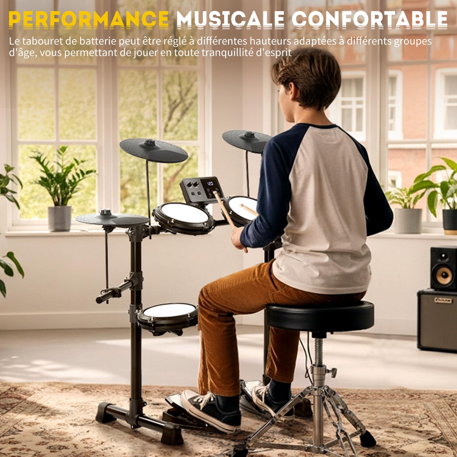 LEADZM Batterie Électronique Débutant Professionnelle, Kit de Batterie Numérique 6.5 in avec Baguettes et Trône de Tambour, 15 Sets de Batterie, 150 Sons, 10 Demo Songs, USB MIDI
