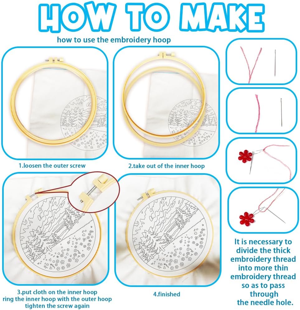 ACRNIGHEET 5 Pack Embroidery Kit for Beginners Adults, Stamped Cross Stitch Kits, Hand Embroidery Starter Kit Including 5 Stamped Embroidery Cloth, Colorful Threads, Hoop, Instruction, Gift Idea image 3
