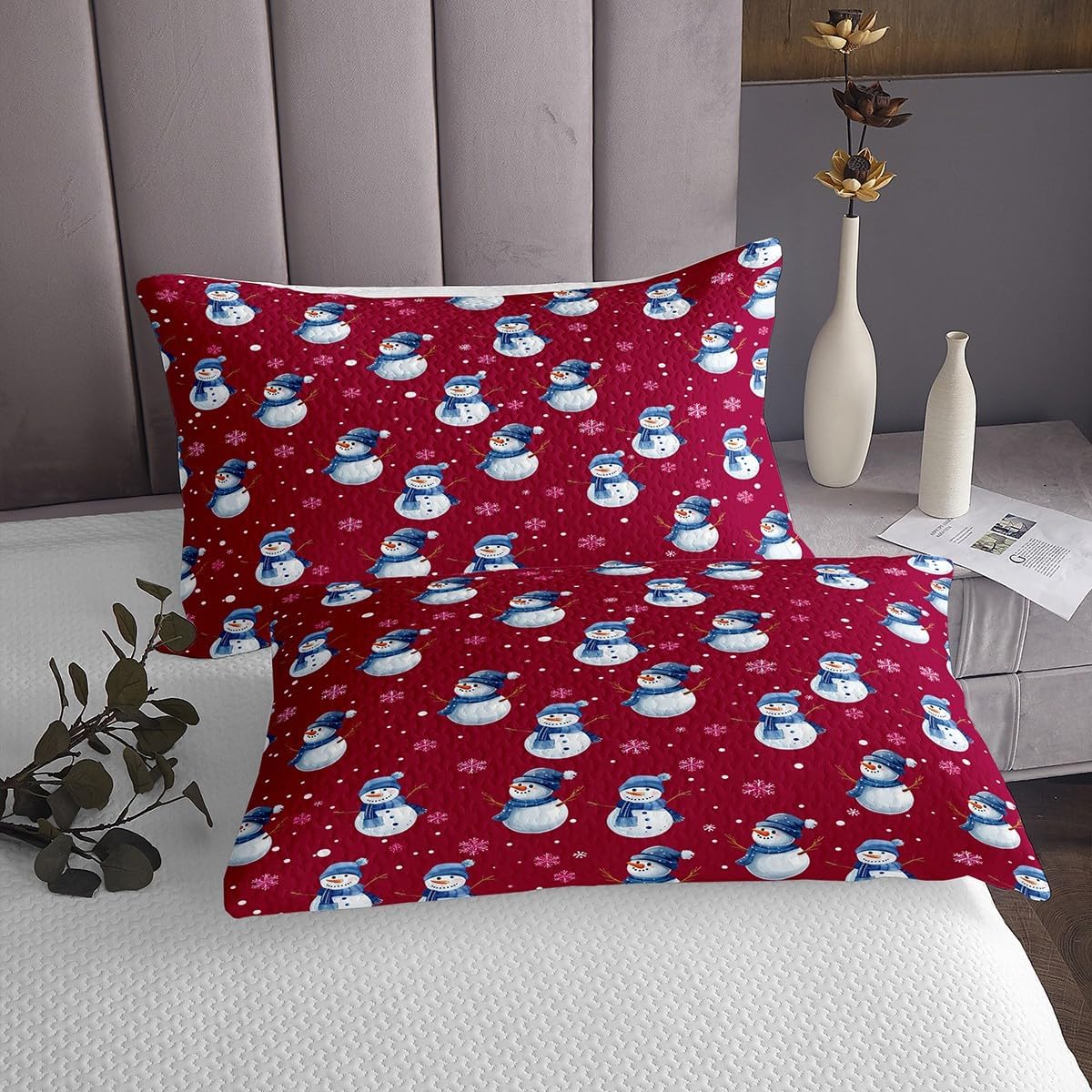 jejeloiu Kids Cute Winter Snowman Bedspread Queen Size Red Christmas Theme Coverlet Set for Boys Girls Teens Xmas Snowflake Happy New Year Quilted Coverlet Room Decor