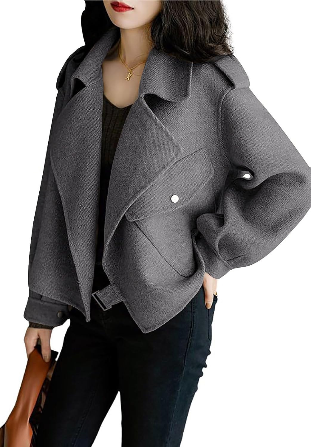 utcoco Women Cropped Wool Coats Notched Lapel Pea Coat Open Front Trench Overcoat Jackets with Pockets