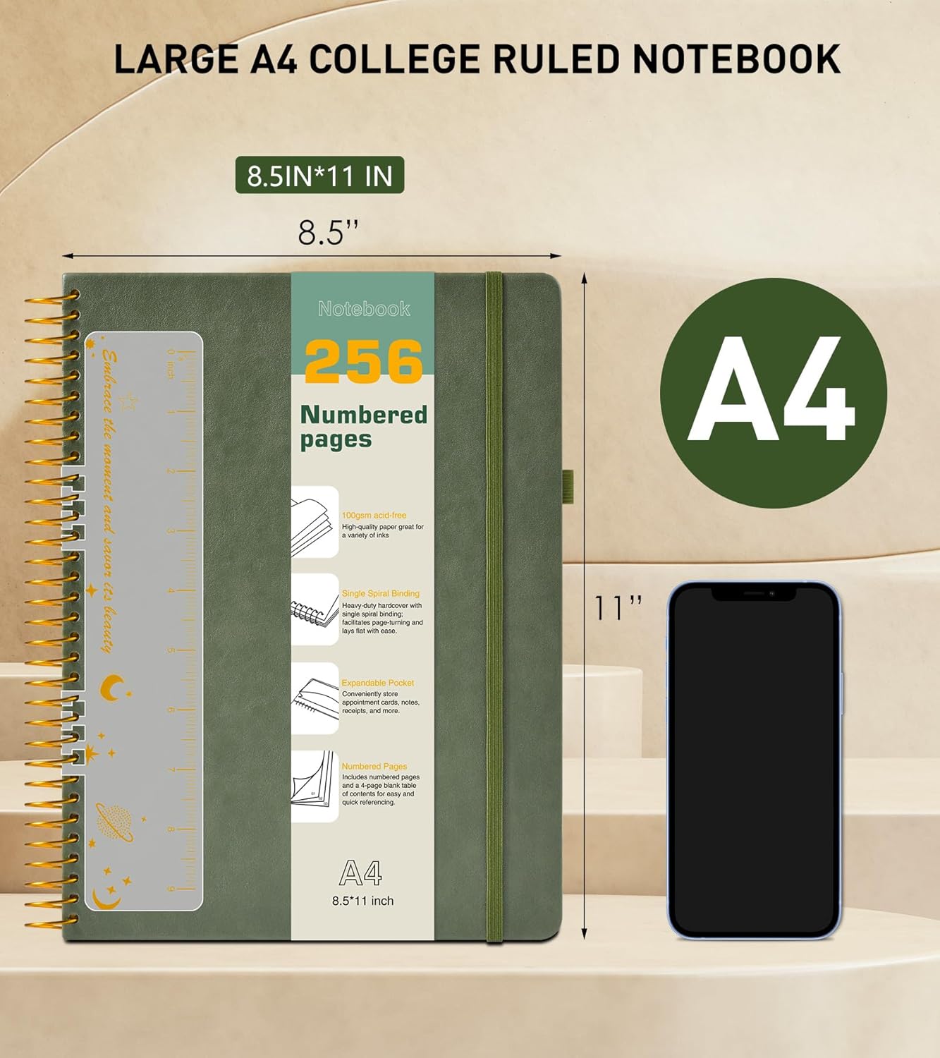 A4 Spiral Notebook Journal 8.5” x 11”, 256 Numbered Pages Hardcover Leather Journals for Women Men, Large Lined College Ruled Notebooks, 100GSM Thick Paper, Spiral Bound Journal for Work School, Green - Image 4