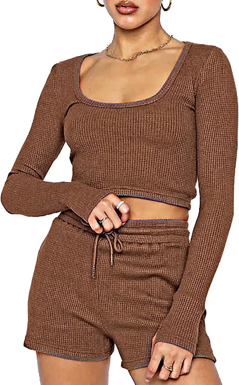 Infeel newz Lounge Set Womens Two Piece Outfits Waffle Matching Sets Long Sleeve Crop Tops Pants Pajamas Loungewear Pjs Wear