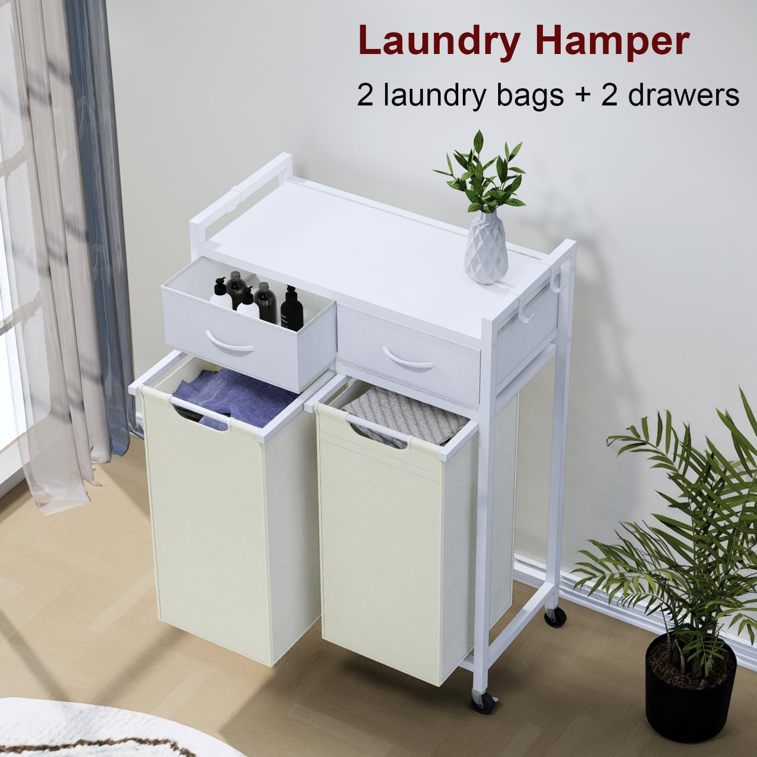 Laundry Hamper, Laundry Sorter 2 Section, Rolling Laundry Basket with Wheels, 2 Drawers, 2 × 14.5 Gal (55 L), Pull-Out and Removable Oxford Fabric Bags, White and Beige