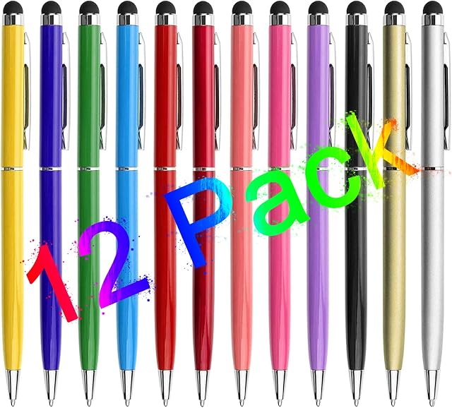 LIBERRWAY 12 Pcs Stylus Pens for Touch Screens Pen Stylus with Black Ballpoint Pens 2-in-1, Tablet Stylus Compatible with iPad iPhone Kindle Mobile Phone Samsung Galaxy All Capacitive TouchScreens