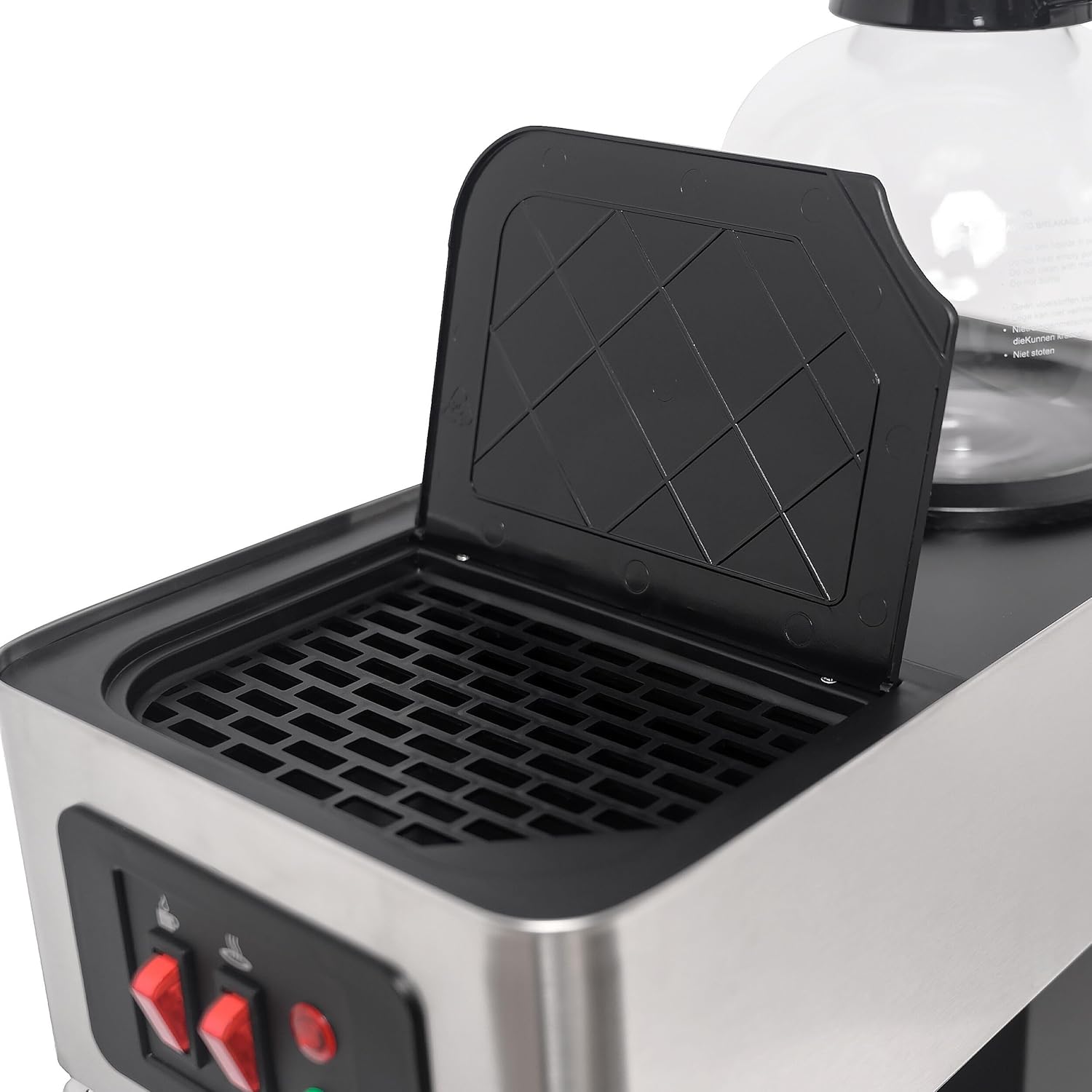 Haut view of the GGM Gastro FKMT18E coffee machine with the lid open, showing the water reservoir and filter area.