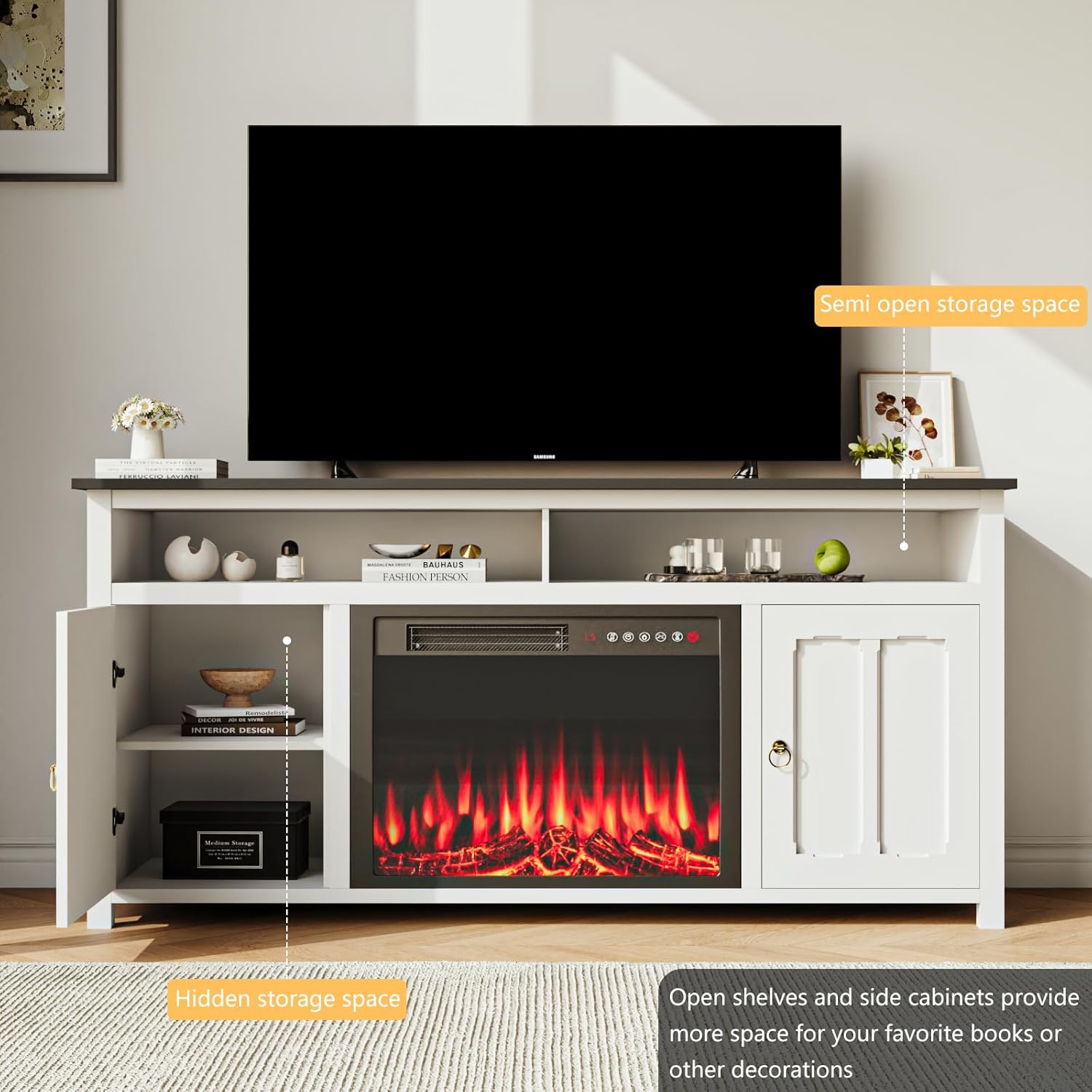 TAVATA Farmhouse Fireplace TV Stand, 58" Modern Entertainment Center with 23" Fireplace for TVs up to 65 inch, Modern Media Console with Open Shelf & Storage Cabinet for Living Room (Black)