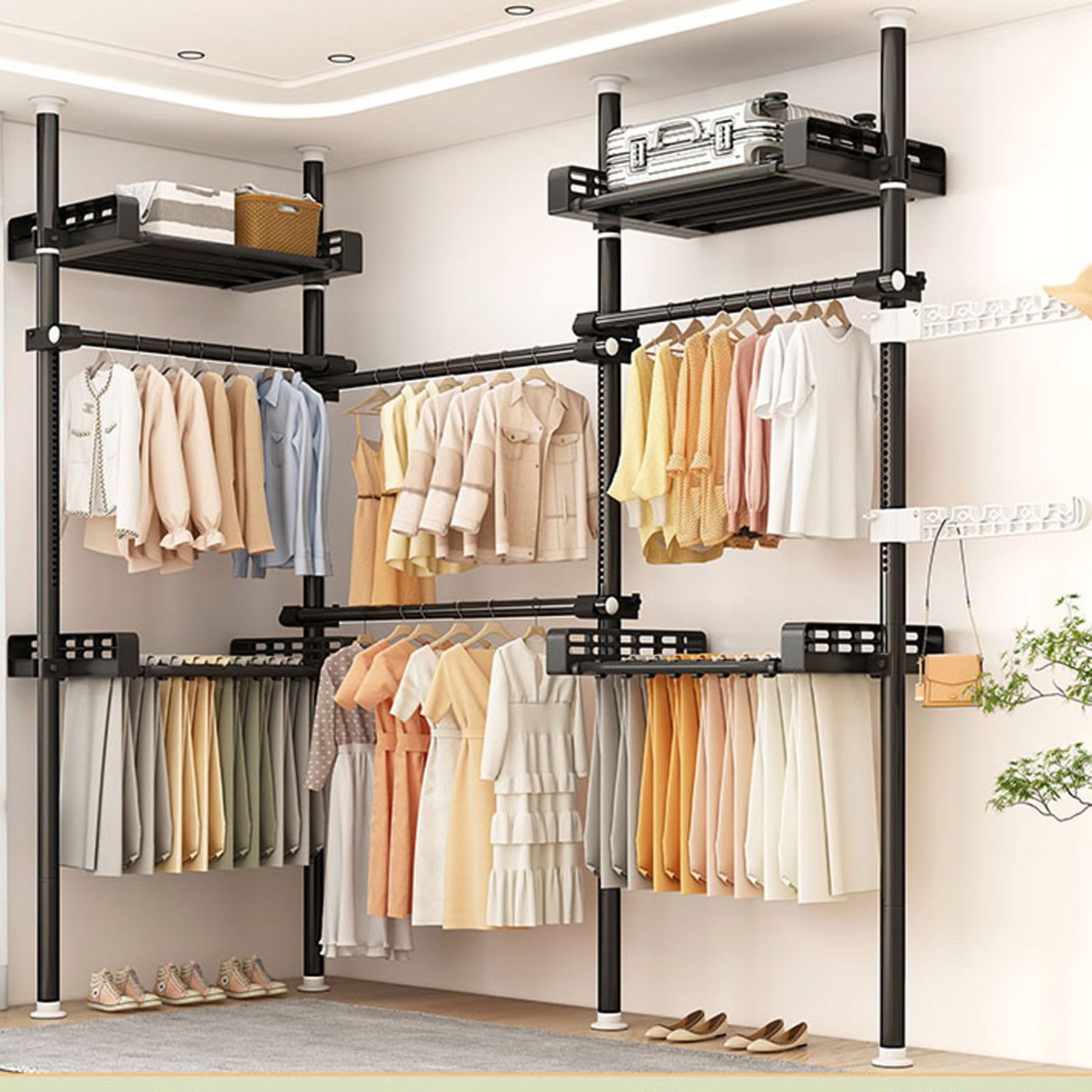 Portant à vêtements réglable sol plafond extensible avec double tringle à vêtements sur pied