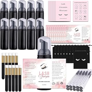 60PCS Lash Shampoo Bottles and Brushes Set, 10pcs Foam Pump Dispenser, 10pcs Nose Pore Deep Cleaning Brush, 10pcs Eyelash Extension Tube Brush, 10pcs Extension Aftercare Instructions Cards, 10pcs Lash Shampoo Label Stickers, 10pcs Lash Aftercare Bags for Business Clients (B-black)