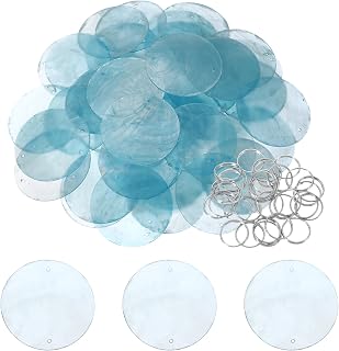 Round Capiz Sea Shells, 2" Shells for Crafting with Closed-end Ring Seashell Beach Real Seashells Fitting for (Wind Chimes Jewelry Making DIY Craft Decoration), 20Pcs&Light Blue