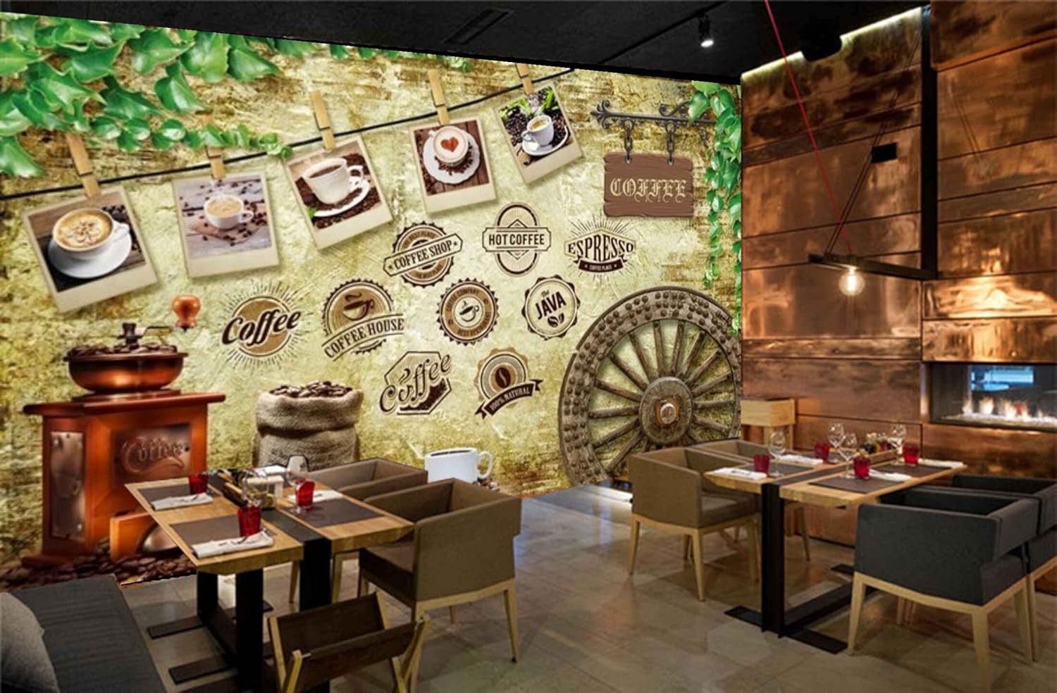 MWZ3021 Coffee Shop Java Espresso Hot Coffee Beans HD 3D Wallpaper for Cafe, Restaurant, Cafeteria[19 ft x 18 ft] / [579 cm x 549 cm]