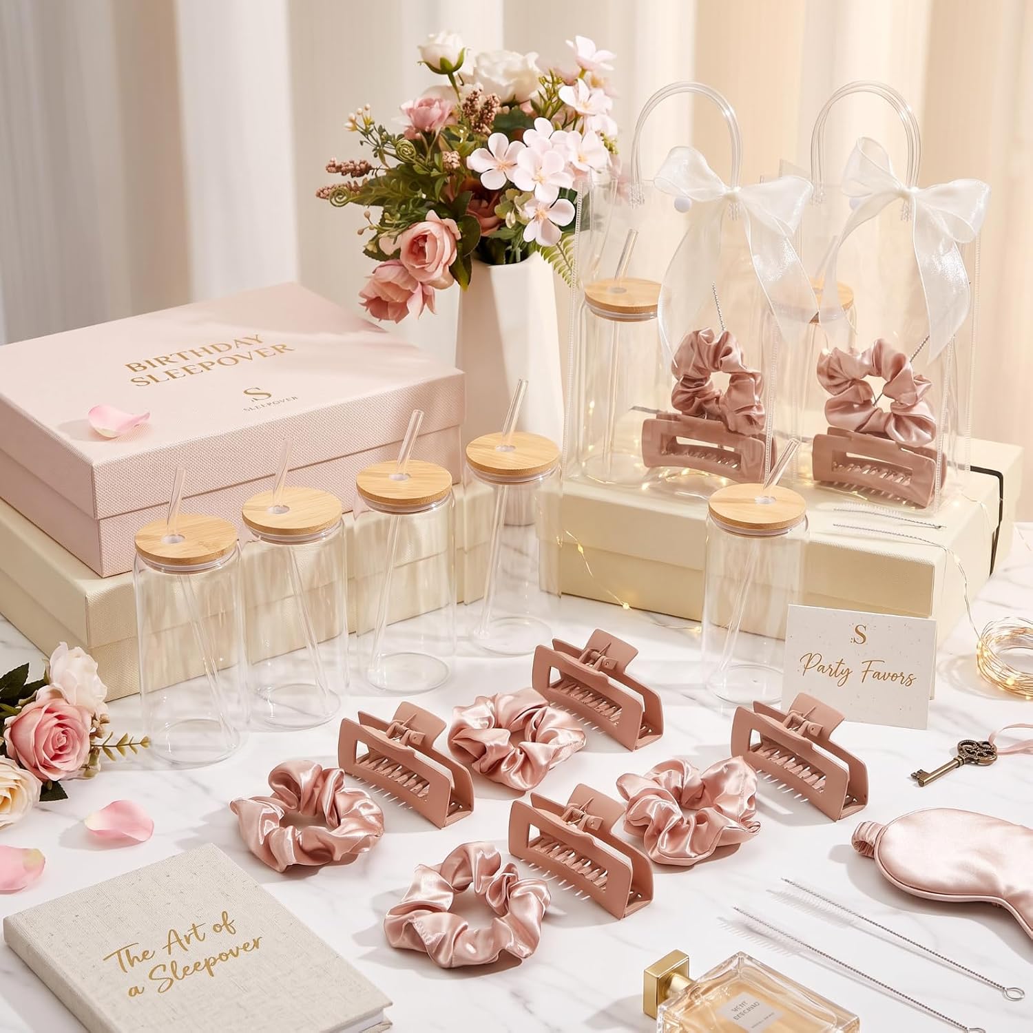SiliFine 33 Pcs/8 Set Birthday Gifts for Girls, Light Tan Birthday Gifts for Girls Party Supplies, 8 Glass Cups, 8 Hair Bands, 8 Hair Clip, 8 Tote Bags, 1 Ribbon for Women Spa Sleepover Slumber Party image 4