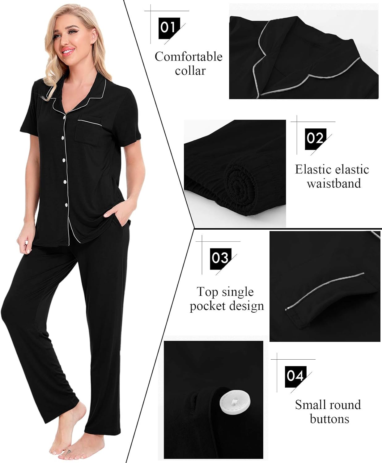 SWOMOG Women Pajama Sets Two-Piece Nightwear Short Sleeve Sleepwear Button Down Pj Lounge Sets with Long Pants - Image 2