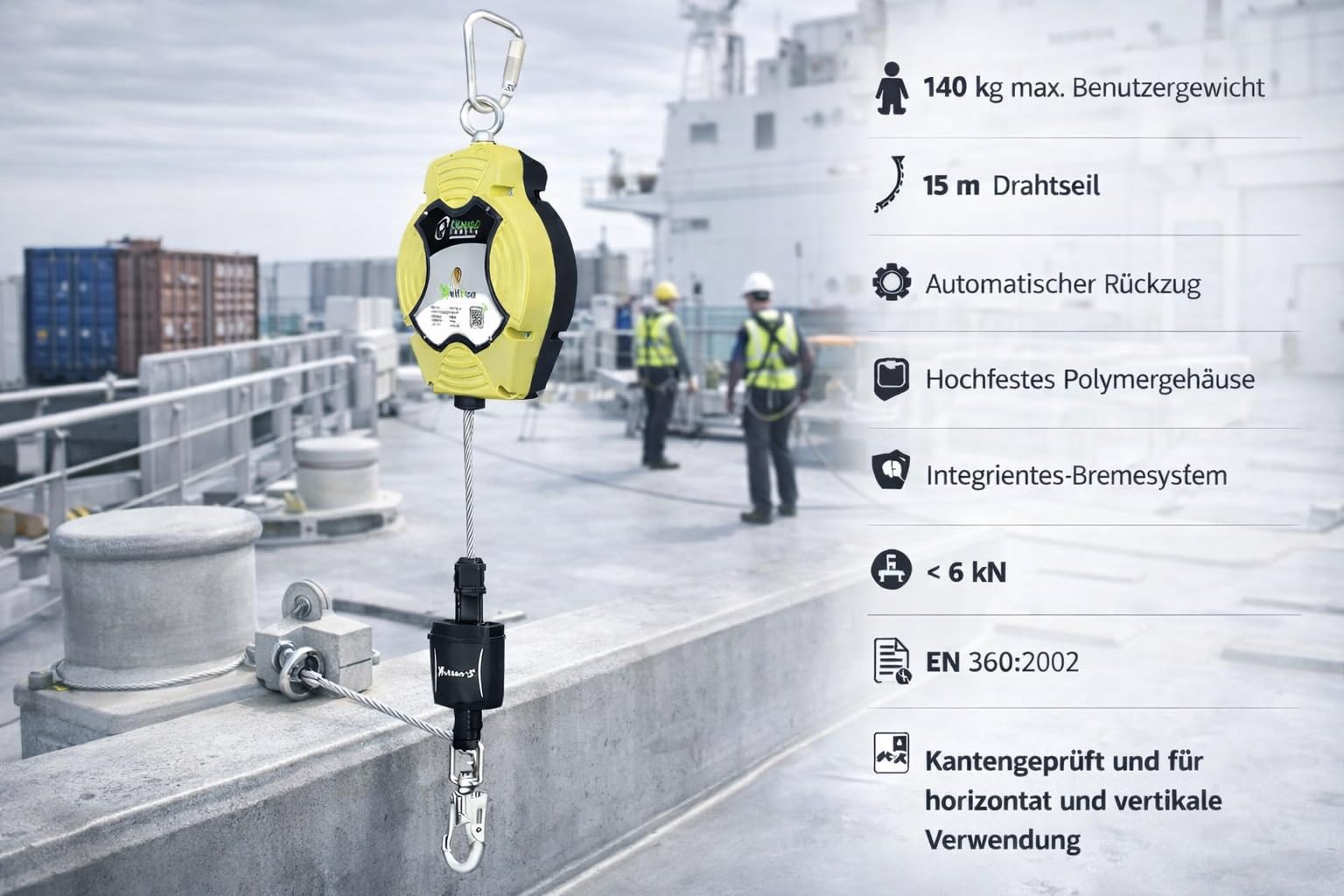 KRATOS SAFETY - HELIXON-S câble, antichute à rappel automatique 15 m, utilisation verticale et horizontale