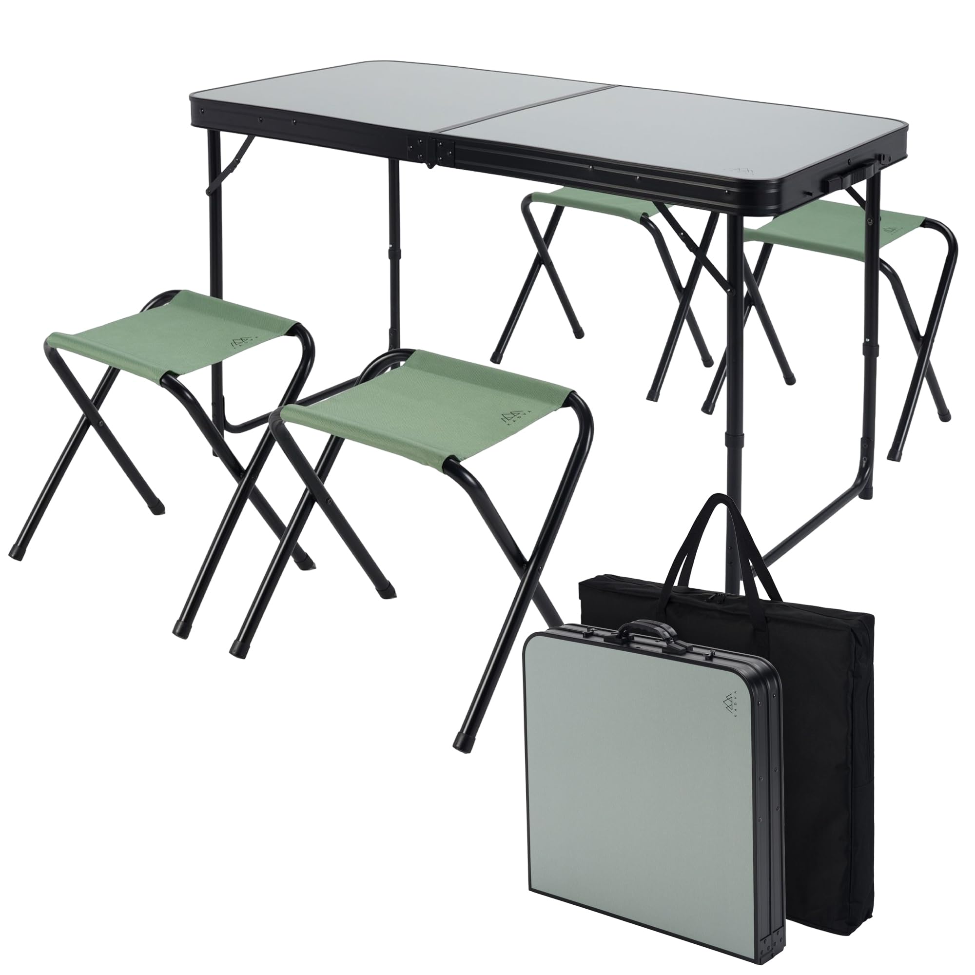 KADVA CAMPTable Camping Tisch Stuhl Set Hochwertige Verarbeitung Bequem für große Gruppen von Menschen Set aus Tisch 4 Stühlen und Abdeckung Ideal für Camping Kompakte Größe Farbe Grau
