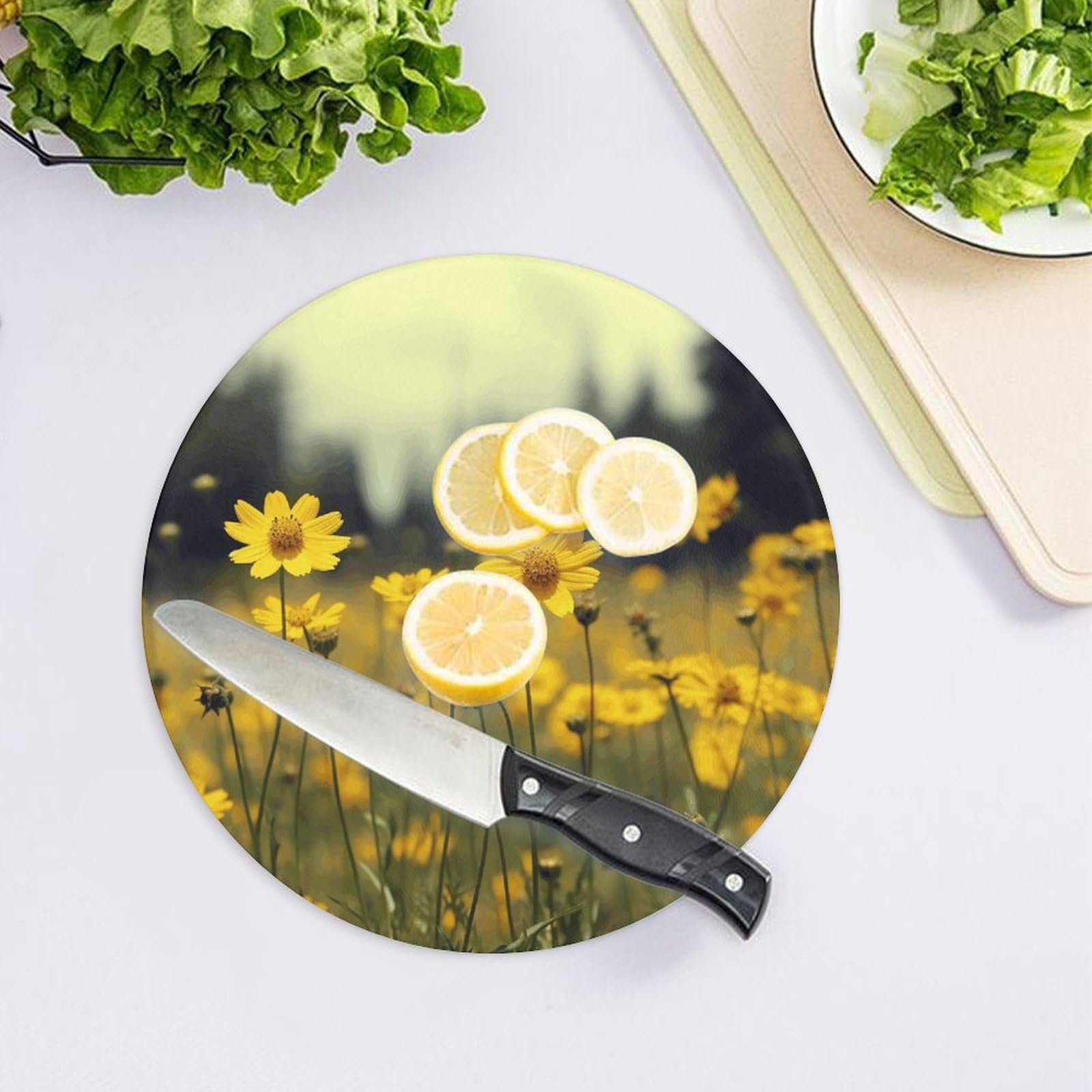 Tagliere rotondo estivo con fiori gialli, facile da pulire, taglieri per cucina di grandi dimensioni 7,9, taglieri essenziali da cucina, comodo per carne e verdure