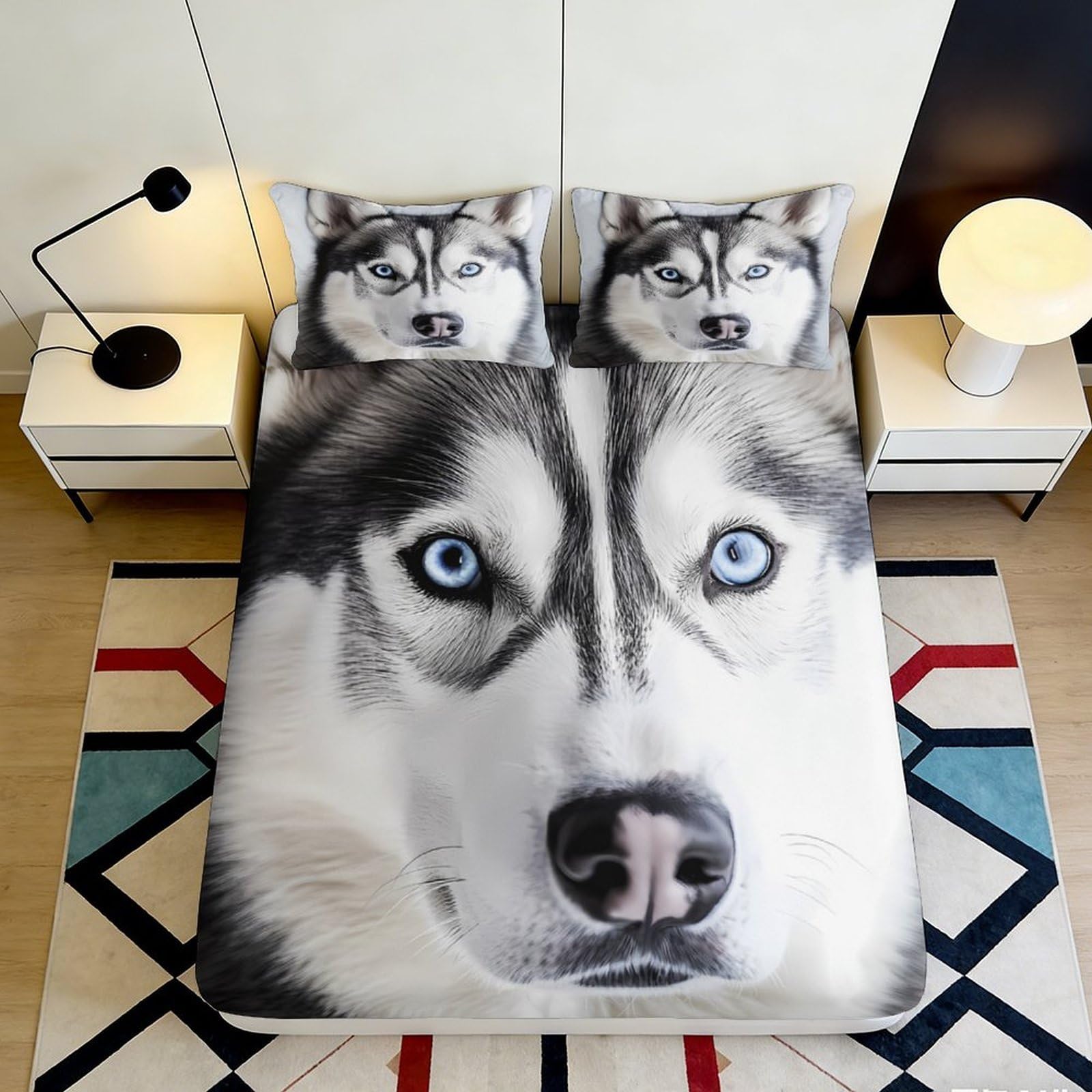 3D Printed Husky Dog Fitted Sheet Microfiber Soft Breathable Wolf Face Mattress Cover Bedroom Decor Protection 90x200x25cm