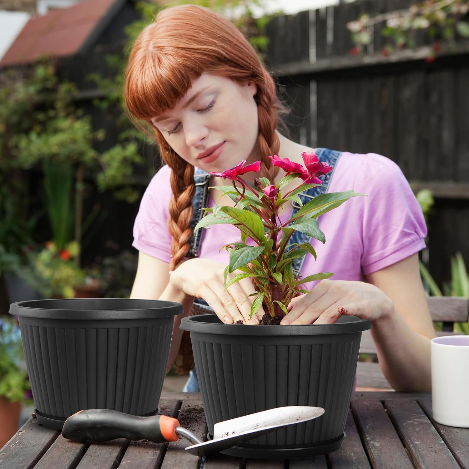 12-inch-Plastic-Plant-Pots-with-Saucer, Flower Pots Containers for Indoor Outdoor Plants, Large Resin Planter with Drainage Holes and Saucers for Snake Plant Monstera