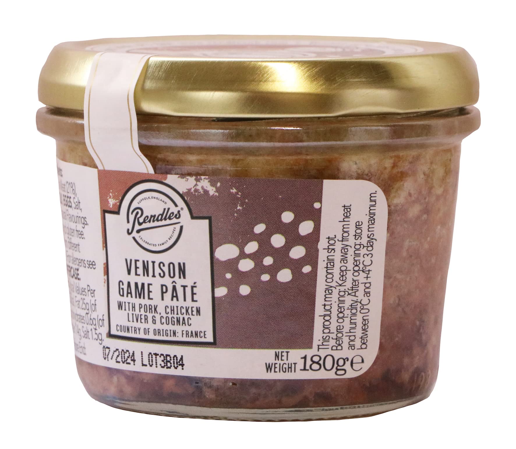 Rendles - Venison Game & Cognac Pate (180g) - Luxury Artisan Coarse Pate, Venison Game, Pork, Chicken Liver, Infused with Cognac, Gluten Free, No Colouring Agents, No Preservatives, Gift Idea