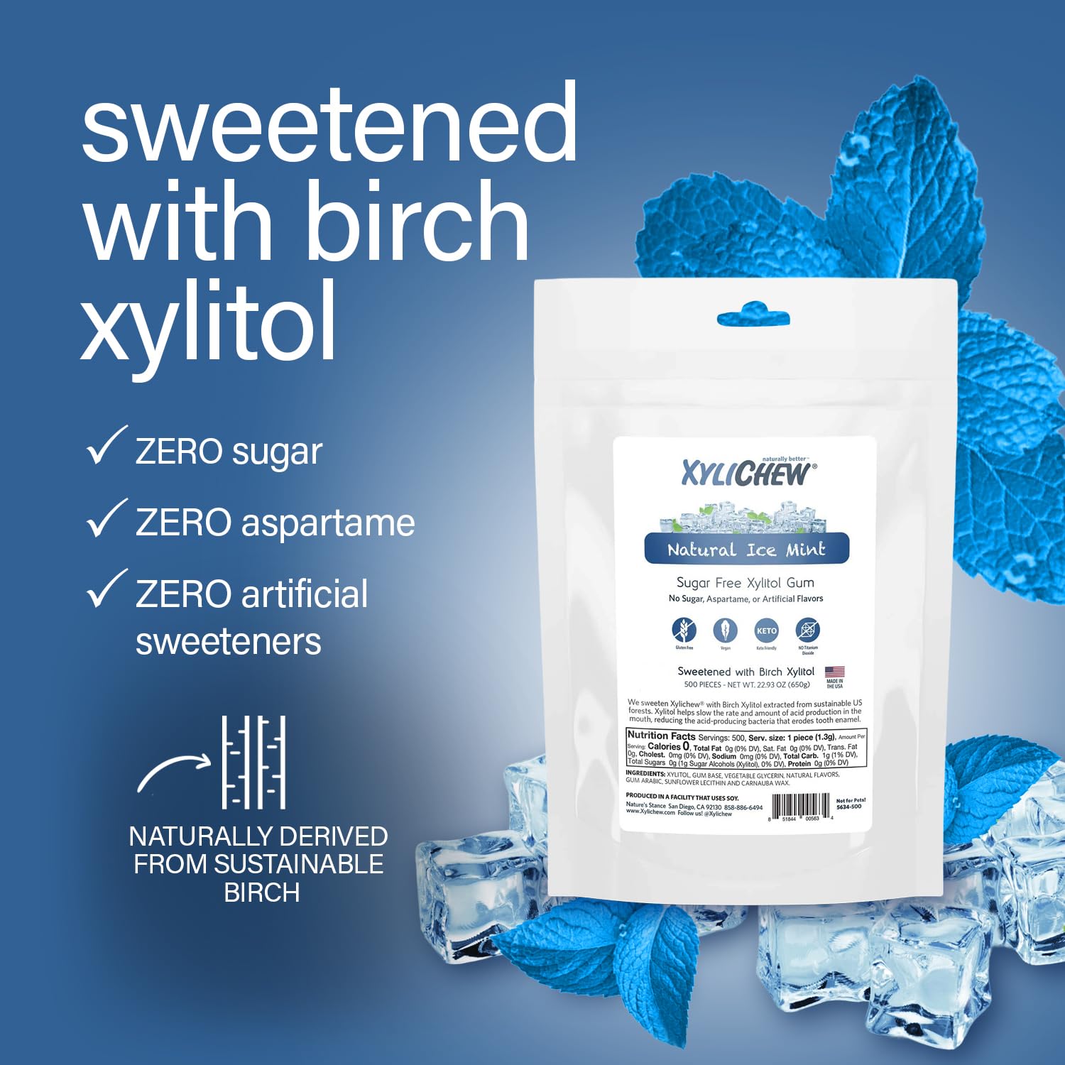 Xylichew Xylitol Gum - Chewing Gum Sugar Free, Aspartame Free, Gluten Free, Keto - Sugarless, Healthy, Natural Oral Care - Relieves Bad Breath and Dry Mouth - Ice Mint, 500 Count