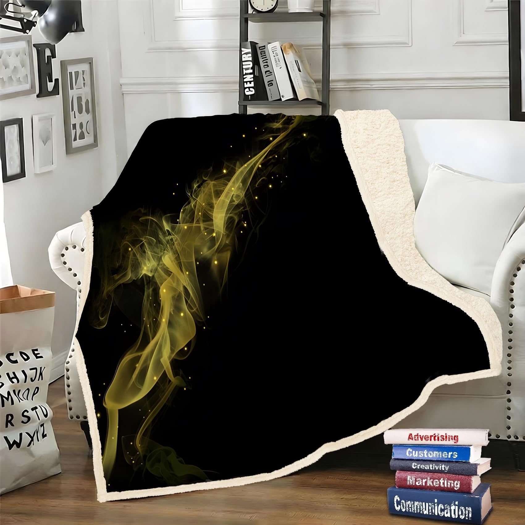 LLSZAHD Yellow Smoke Sherpa Throw Black Soft and Fluffy Fleece Throw Blanket, Cozy Bed Throw for Sofa, Armchair or Travel, 130 x 170 cm