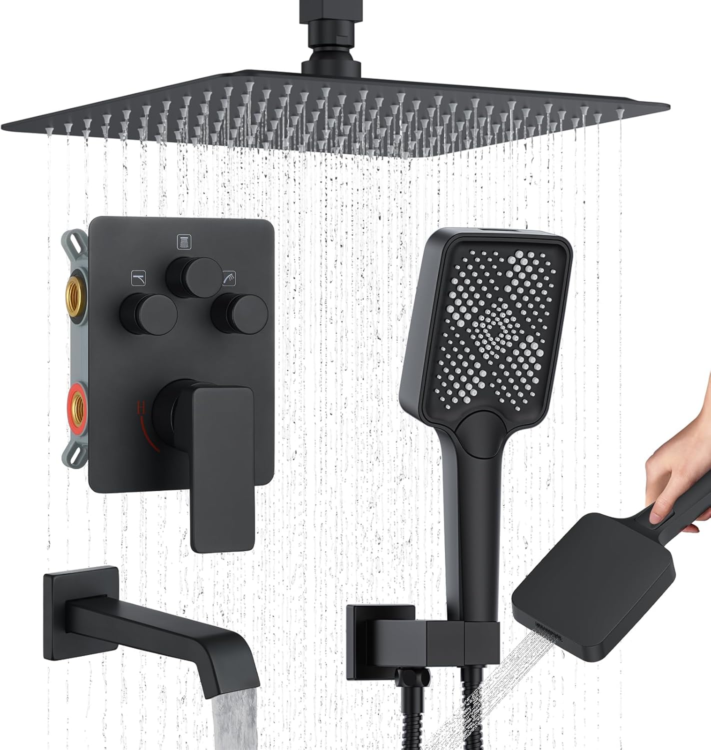 Bathtub Shower Faucet Set with Pressure Balance Valve, 12" Ceiling Mount Shower System with Tub Spout Multi-function Handheld Head Push Button Diverter Shower Trim Kit, Matte Black - Image 8