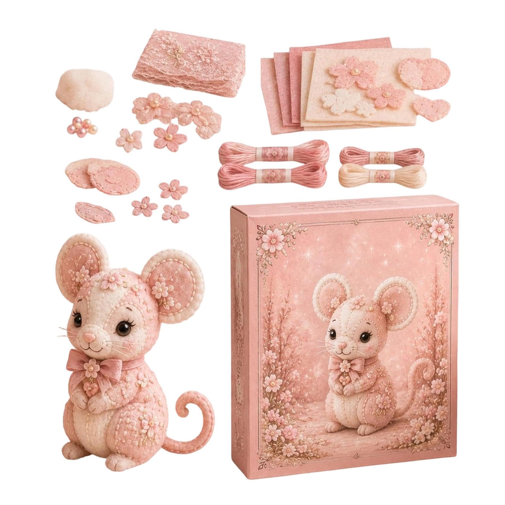 Pink Woodland Friends DIY Felt Patchwork Kit, Pastoral Wild Creatures Handicraft Activity, Manual Tailoring Bundle, Textile Hobby, DIY Fabric Animal, Unique Roseate Doll Ornament (Color-A)