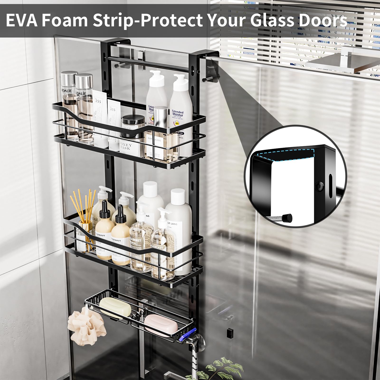 SWTYMIKI Over the Door Shower Caddy, 3 Tier Adjustable Shower Organizer Hanging with Hooks and Soap Holder - Image 3