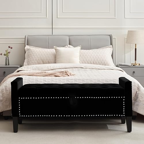 Miniatura 12 de Otomana de Terciopelo con Almacenamiento, Banco Tapizado con Botones Capitoné de 45'' al Final de la Cama con Brazos, Banco de Almacenamiento