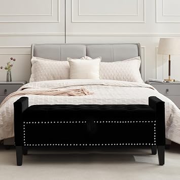 Velvet Storage Ottoman Bench, 46 Upholstered Button Tufted End of Bed Bench, Modern Entryway Ottoman with Arms, Black