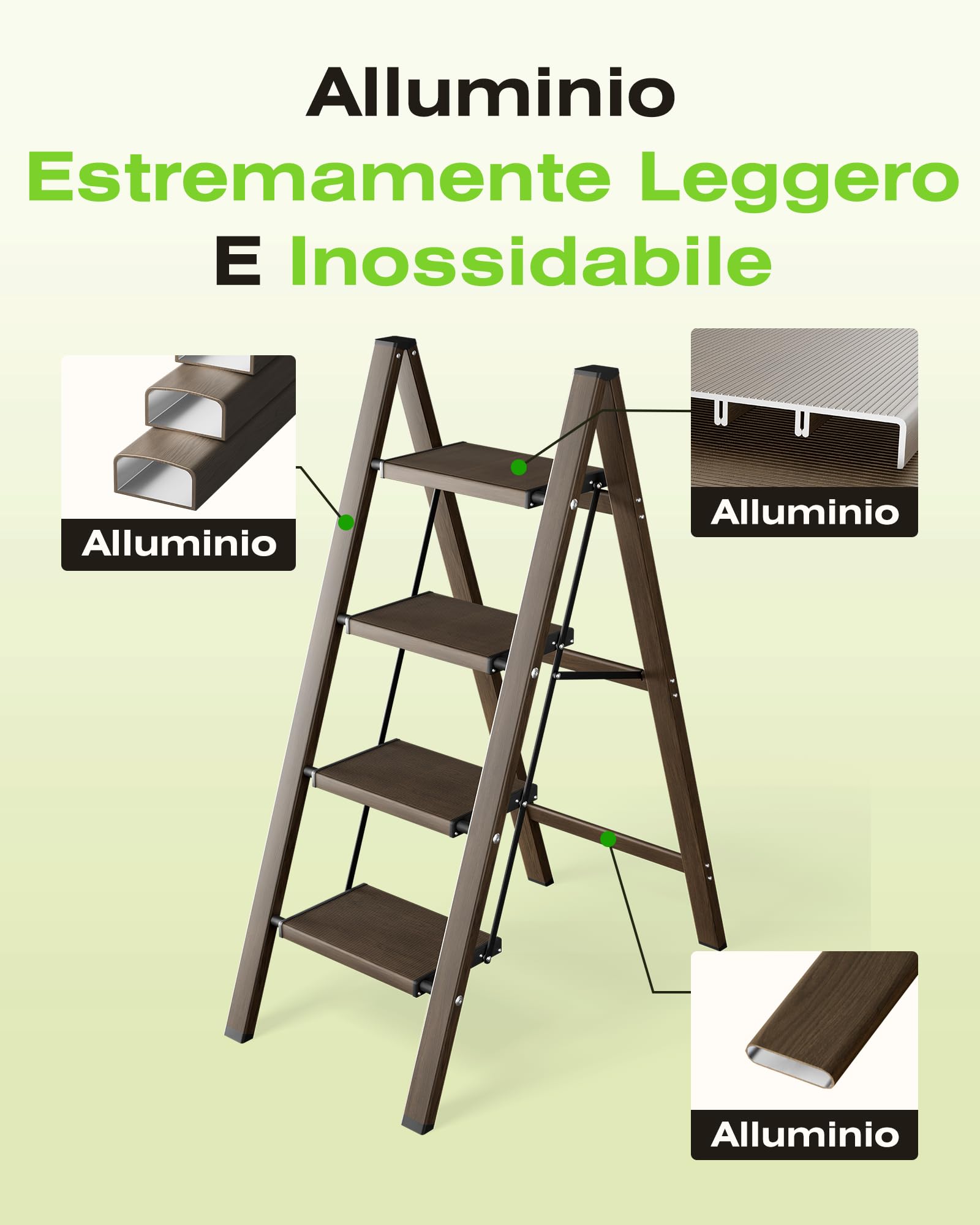Scaletta pieghevole a 4 livelli, capacità 150 kg, con pedale antiscivolo, sgabello portatile in alluminio, facile da riporre, per interni ed esterni, aspetto estetico, effetto noce