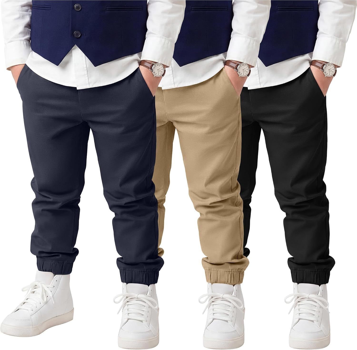Yooo's Vivi 3 Pack Baby and Toddler Boys Pants Kids Chino Pants Pull on Uniform Joggers with Pockets Size 12 M-5 T