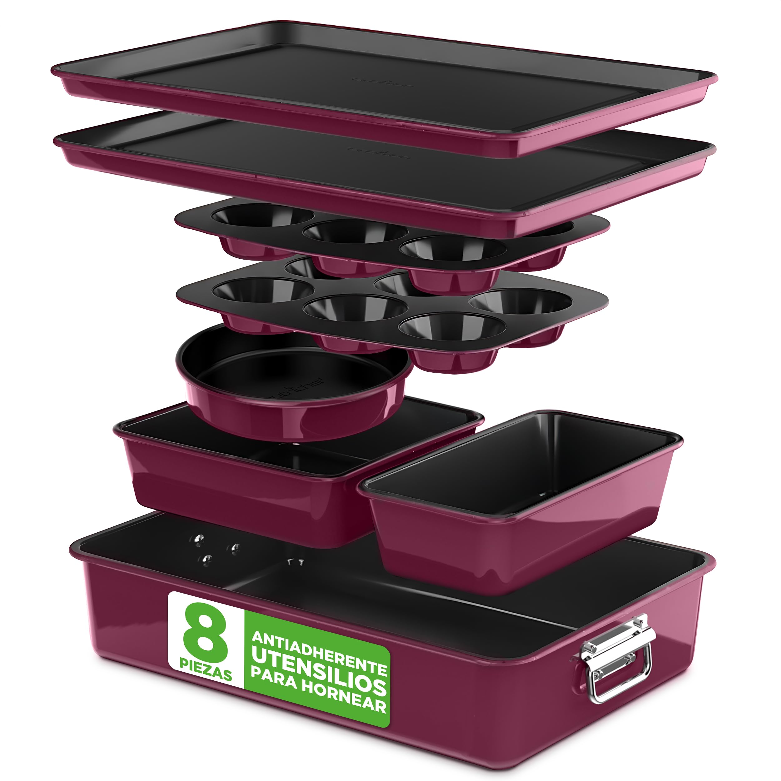 Nutrichef juego 8 moldes apilables, Bandejas, Libres de PFOA, PFOS, PTFEE, Utensilios horno hasta 232°C, Baking set, Antiadherentes, Color burdeos