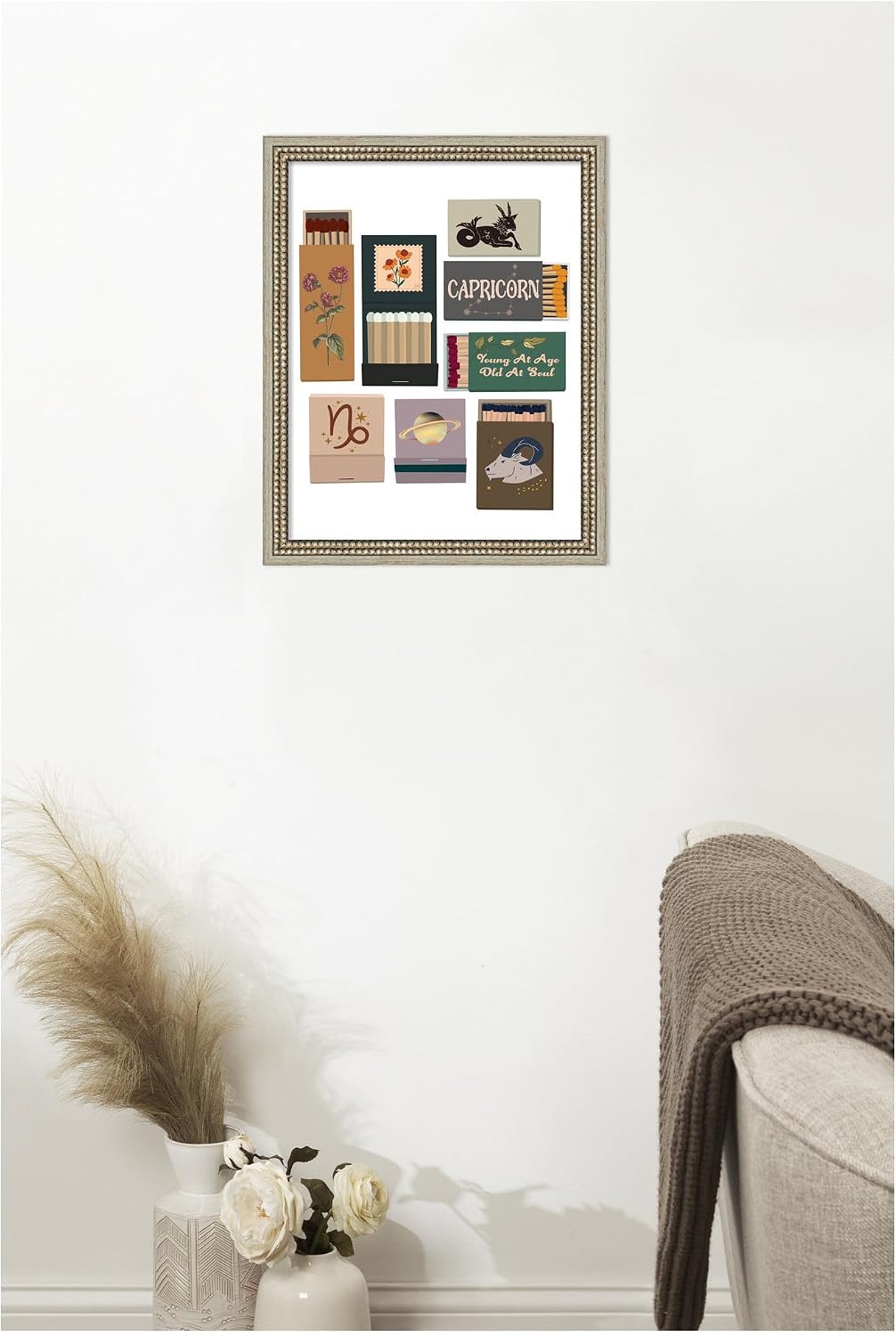 Kate and Laurel Framed Wall Art Print Capricorn Matchbooks 14x18 FC by Megan Ryan, 16 x 20, Castellan Silver Frame, Whimsical, Typography Art for Wall Decor