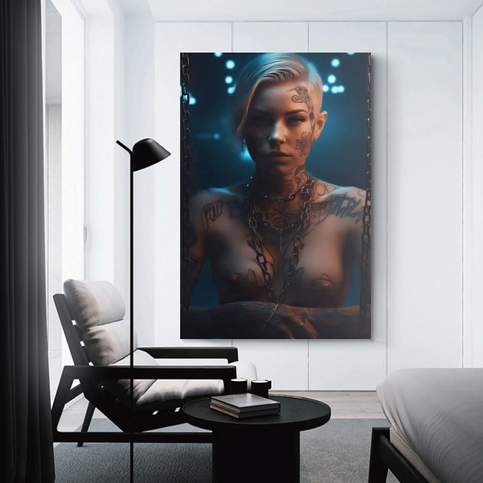 Junmoney Canvas Art Print Cyberpunk Tattooed Woman, 24x36inch(60x90cm), for Office, Study Or Home Workspace, Home Office Artwork with Decorative Appeal