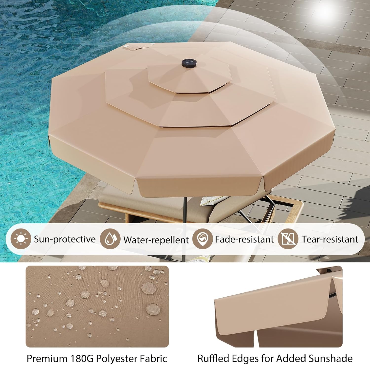 LDAILY Moccha Patio Umbrella with Solar Lights - 10 FT 3-Tiers Table Market Umbrella with 32 LED Lights, Tilt Adjustment, 8 Ribs & Crank Lift, Scalloped Outdoor Umbrellas for Backyard Pool Deck