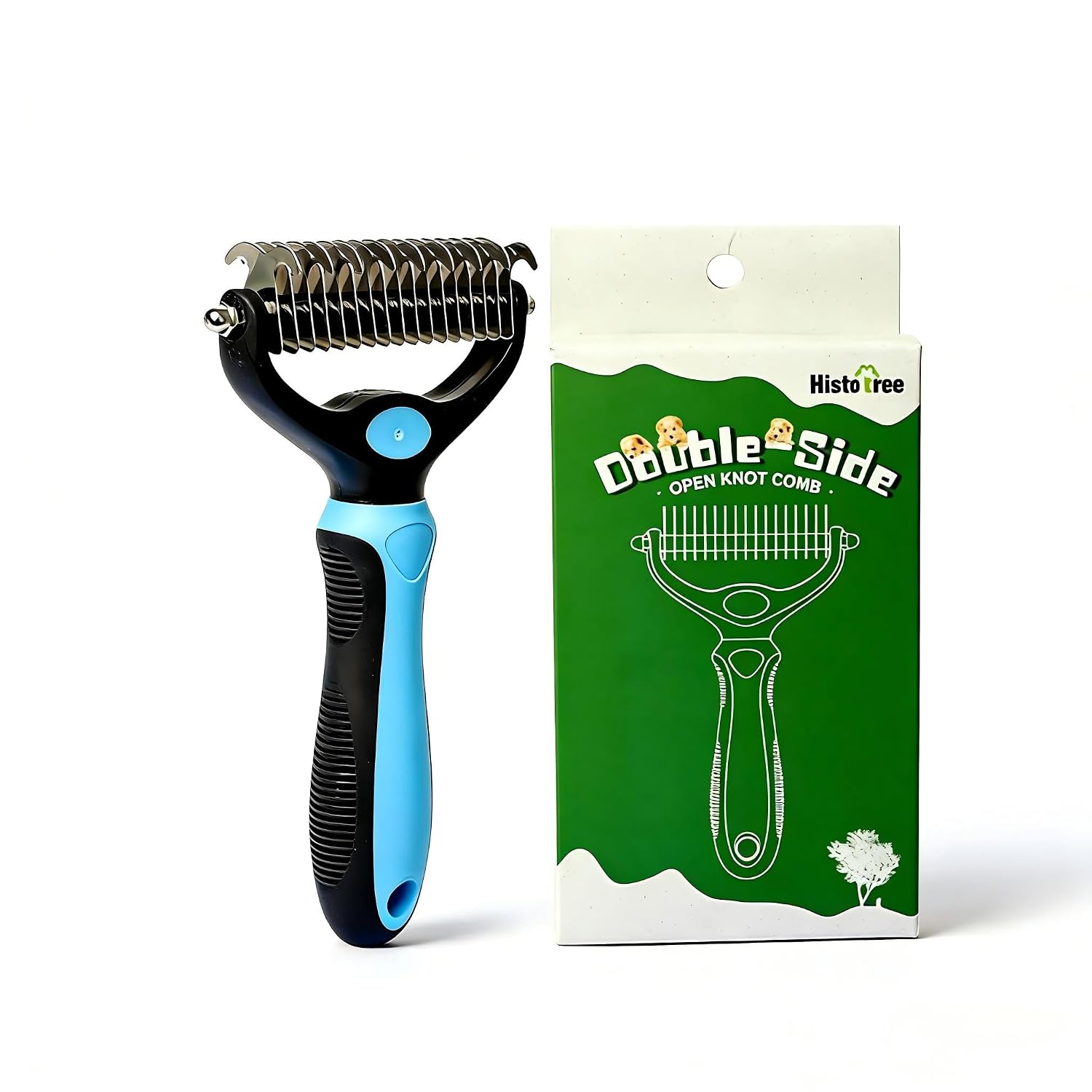 Double-Sided Dematting Brush, Pet Grooming Rake for Dogs & Cats | 2in1 double sided demat rake strips loose fur & mats, rounded stainless steel pins for dogs cats all coat types easy to wash