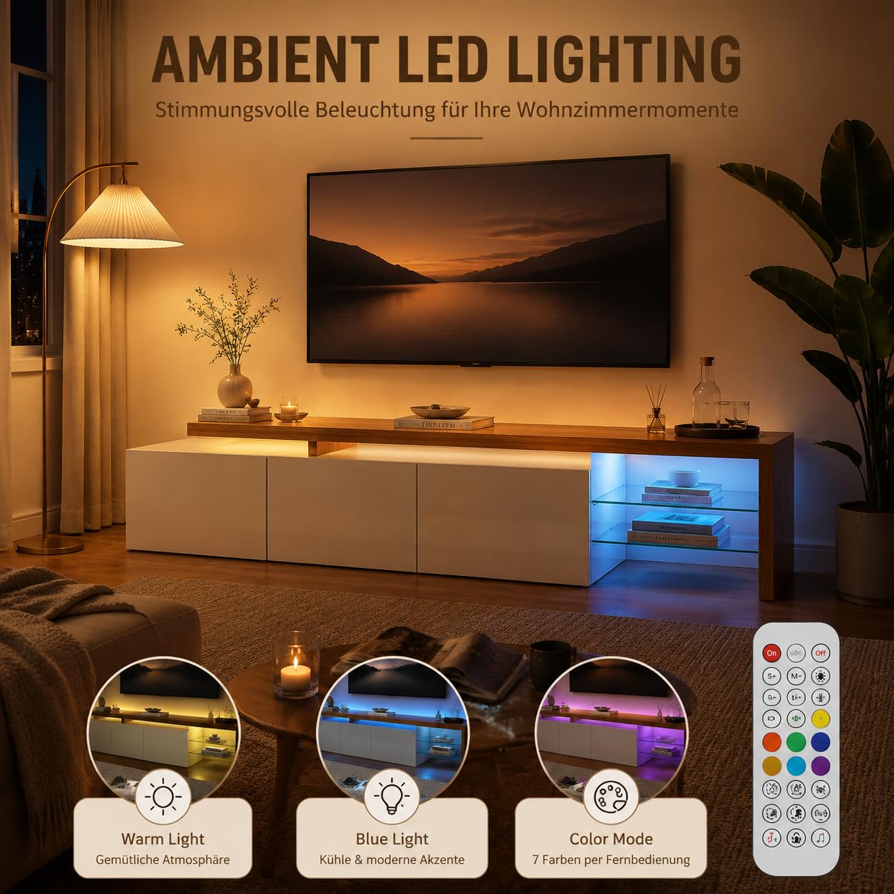 Niska szafka pod telewizor 200 cm z diodami LED, wysoki połysk, imitacja drewna, szklane półki | 3 drzwi, otwarta półka, 7 kolorów LED za pomocą pilota zdalnego sterowania, 200 x 42 x 39 cm, płyta wiórowa