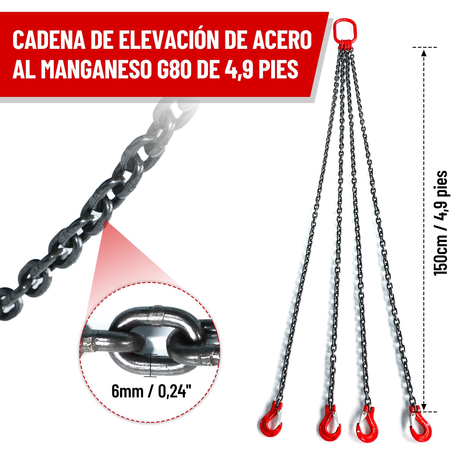 Cadena de Elevación G80 3000 kg 4 Cadenas con Ganchos