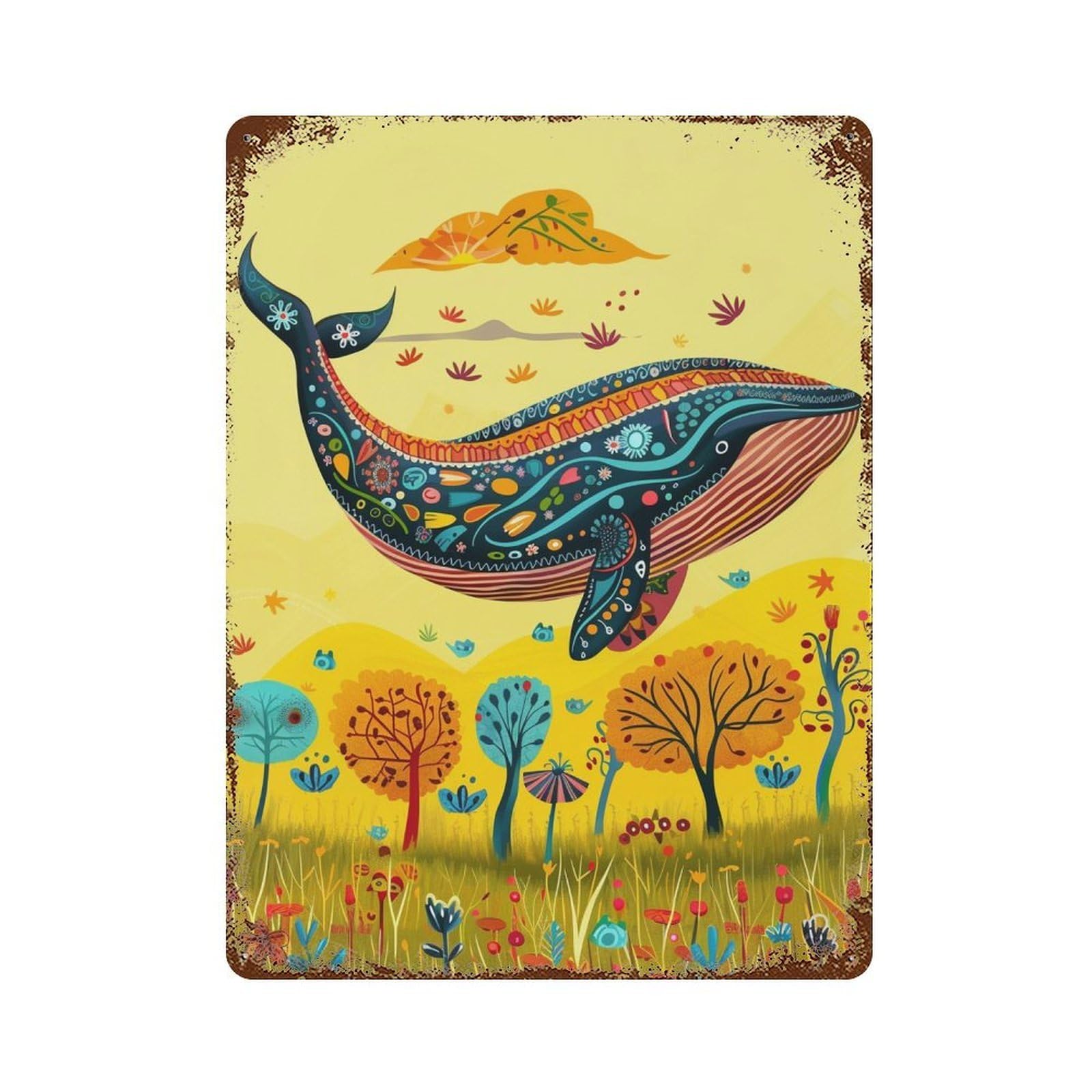 Whale in Autumn Field-1 15.7"x11.8" Weathered Tin Sign, Shabby Chic Decor for Farmhouse, Kitchen And Entryway Decor