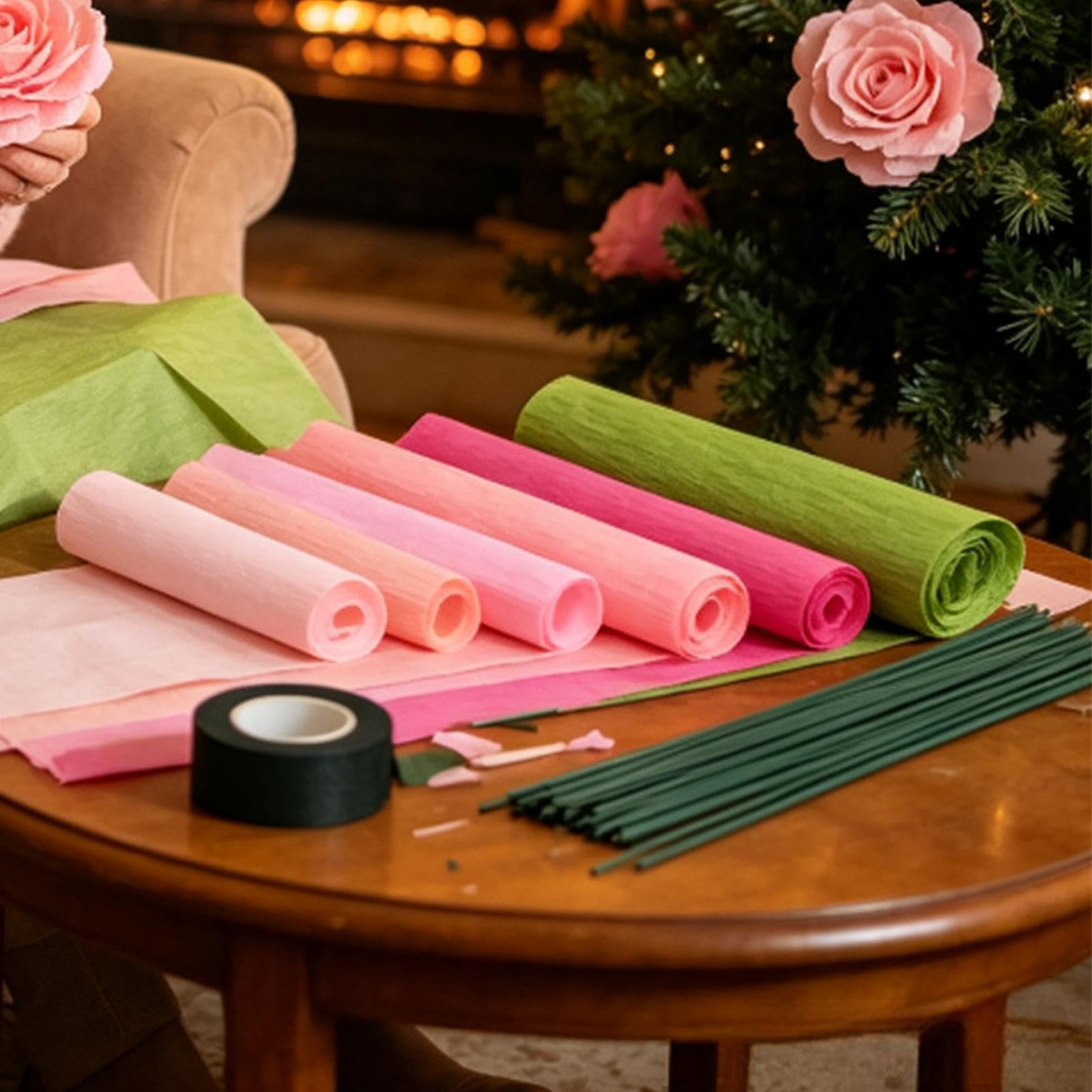 Lot de 6 rouleaux de papier crépon avec 50 tiges métalliques pour décorations de fête, bouquets de mariage, arches de remise de diplôme, toiles de fond photo