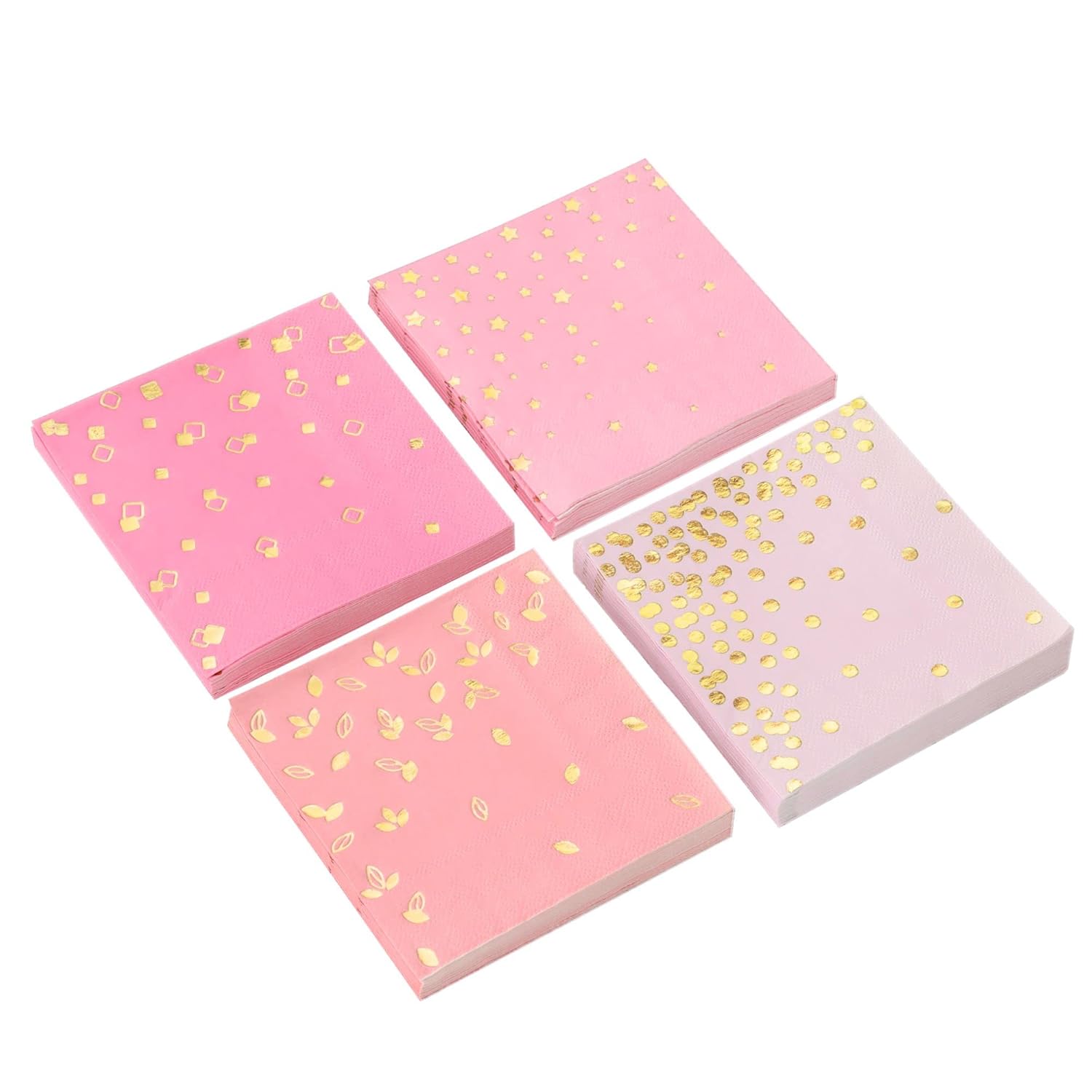 100 Pink Napkins 4 Assorted Gold Designs 3Ply Cocktail