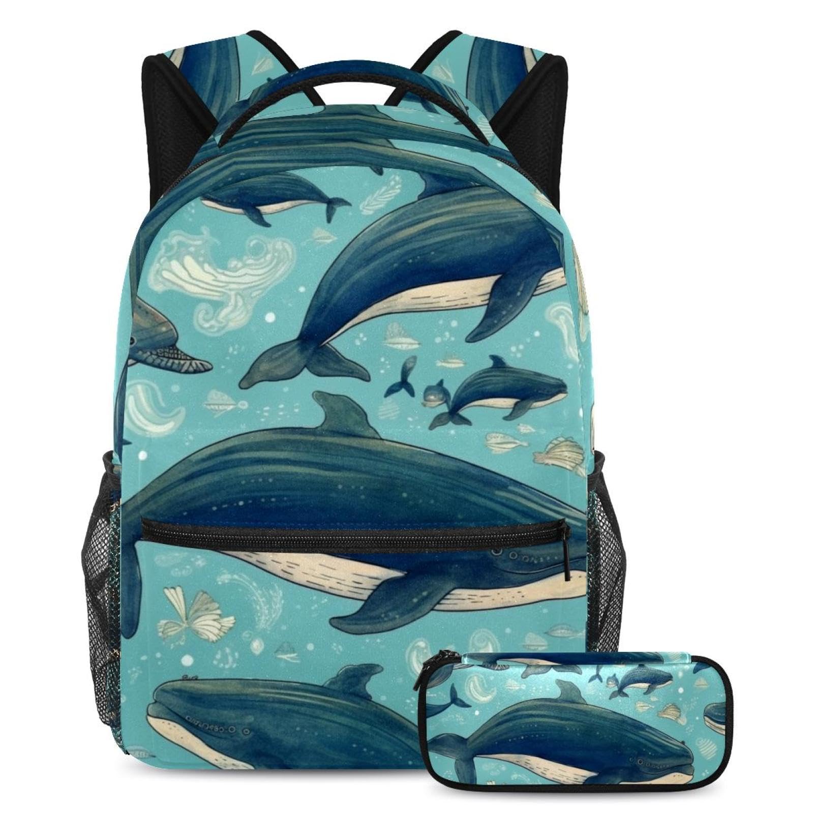 Sac à dos baleine avec trousse ensemble scolaire multicolore pour élèves