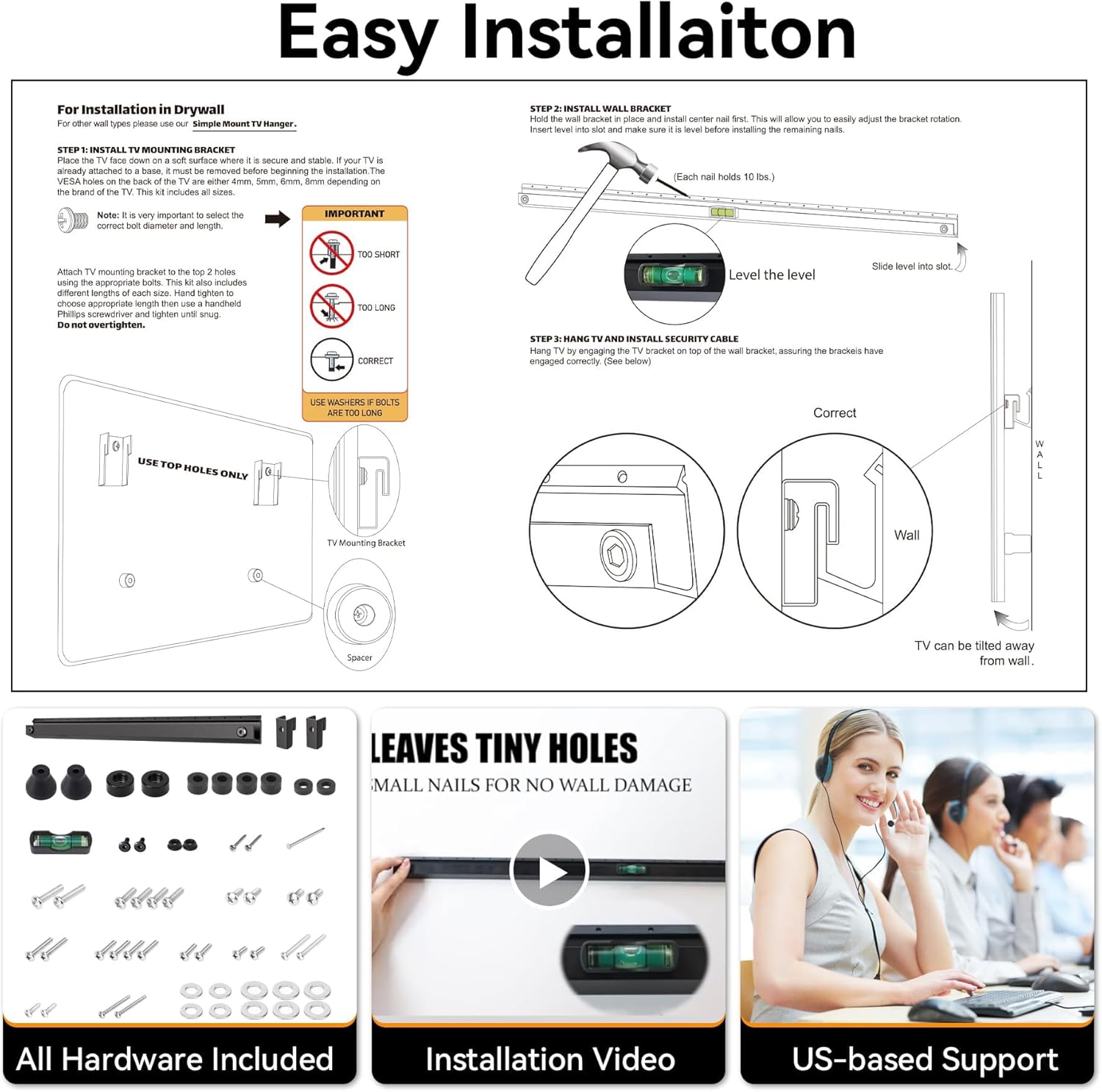 No Stud TV Wall Mount, Studless Drywall TV Mount for 22-55 inch TVs, Low Profile Tv Hanger Max Load 100 lb, No Drill, No Anchors, Easy Install with All Hardware Included 8 71hyfgVOSCL. AC SL1500