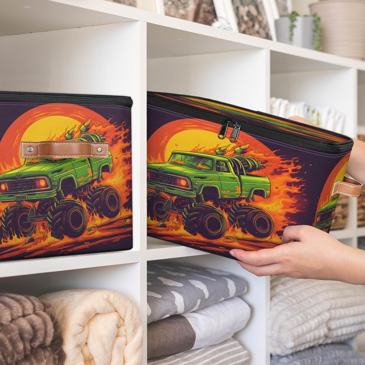 Storage Bin Set of 2 Fire Cool Car Storage Basket with Zipper Lid & Handle Foldable Closet Shelf 2 Pack Cloth Organizer Basket Cube Bins Clothes Organizer for Nursery, Bedroom