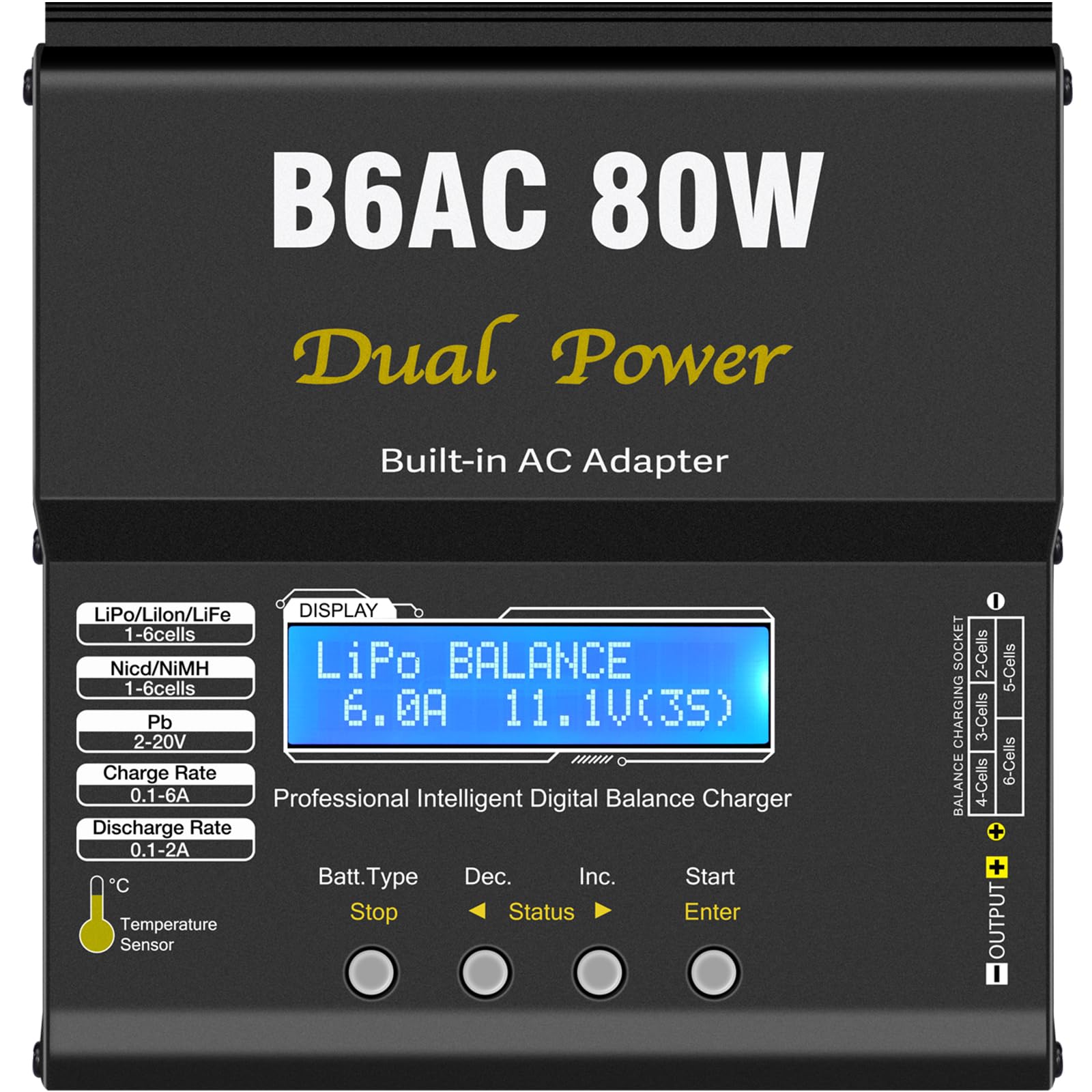 HTRC Chargeur Batterie LiPo, 80W 6A Chargeur LiPo RC pour Batteries LiPo/Li-ION/Life (1-6 Cellules), NiMH/NiCd (1-15 Cellules) et PB (2-20V), équipé de Connecteurs XT60/Prise T/Tamiya/Pince Crocodile