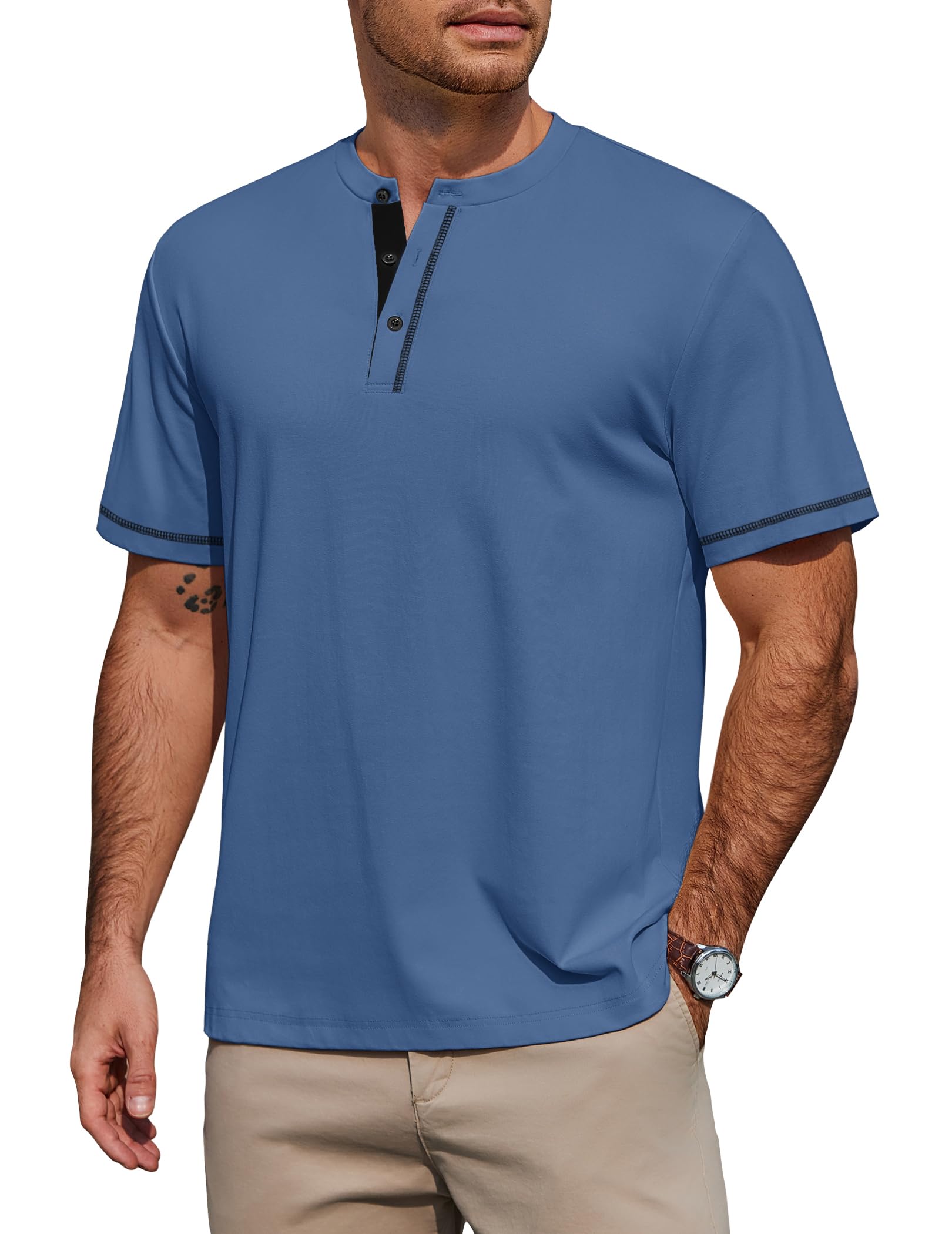 COOFANDY T-Shirt Herren Henley Shirt Kurzarm 95% Baumwolle Sommershirt mit Knopfleiste Color-Blocking Basic Tee
