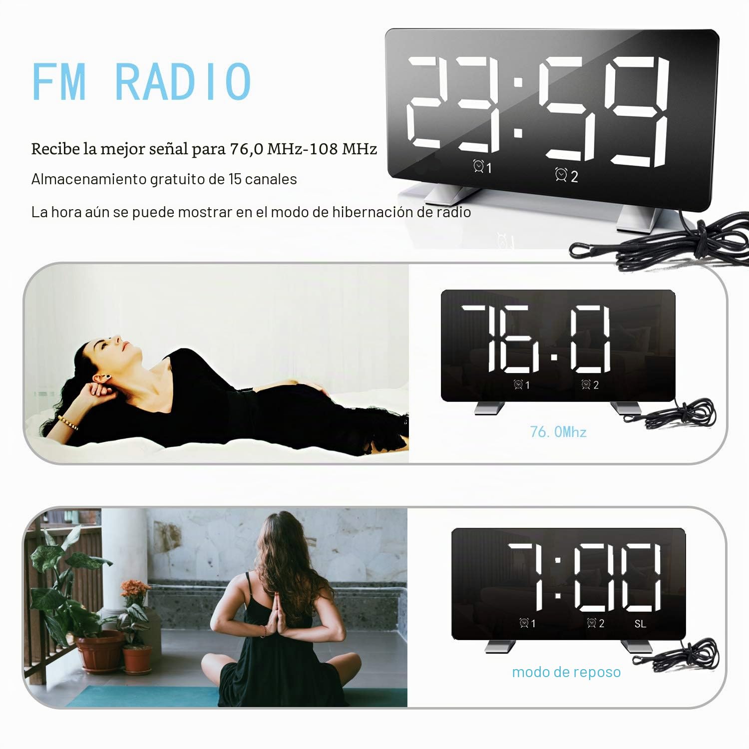 ThreeH Radio Reloj Despertador para Dormitorio con Puertos de Carga USB Dobles 4 Modos de Atenuación Pantalla LED de 7.3 '' Modo de Repetición de 12/24 Horas Función de Repetición Blanco