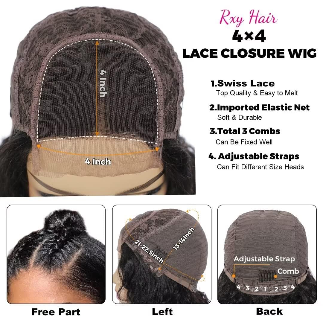 4X4 Bob Human Hair Wig 100% Echthaar Perücke Straight Lace Front Wigs Glueless Wig Human Hair Perücke Damen Echthaar for Black Women 180% Density 10 Zoll (26cm)