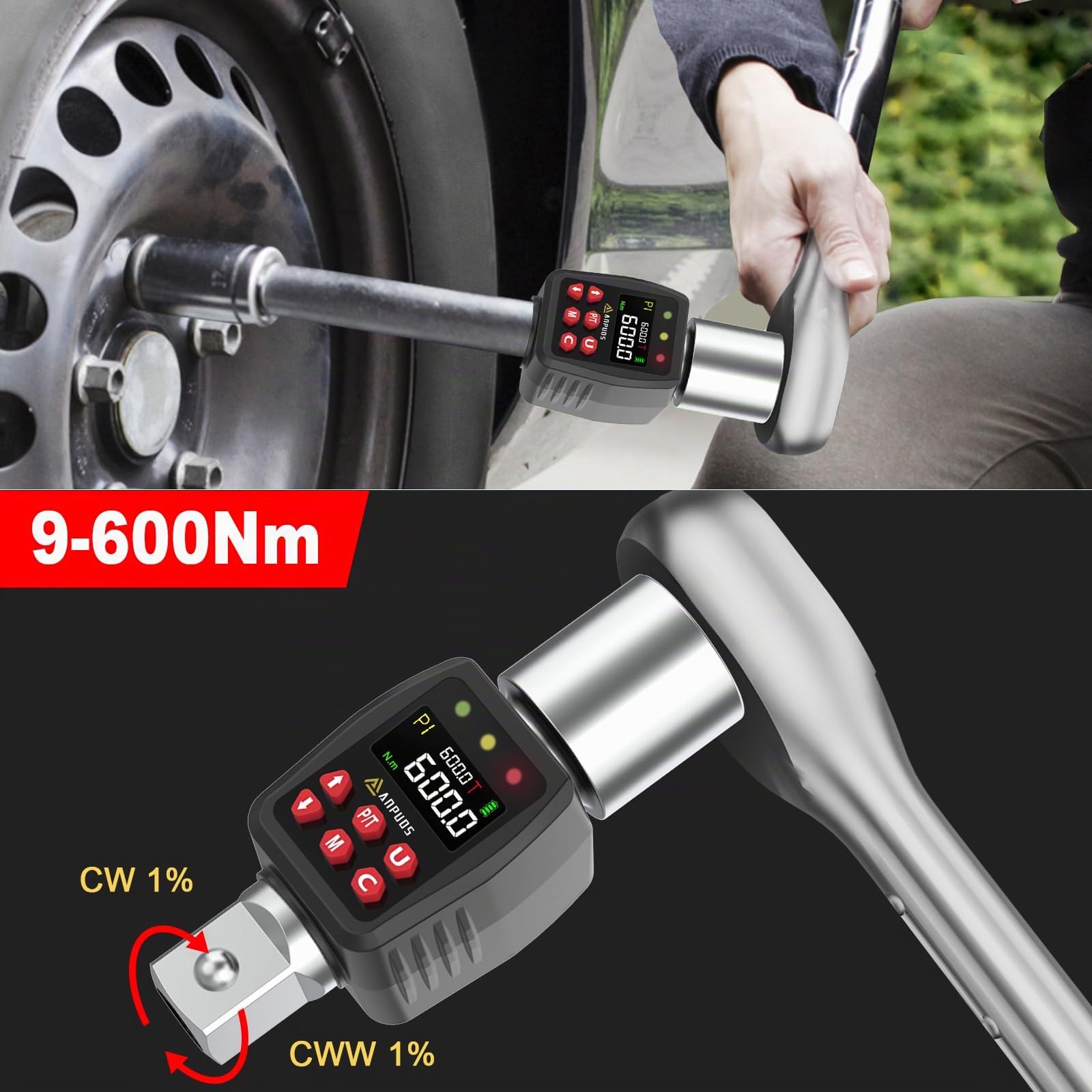 ANPUDS Digitaler Drehmomentadapter, 3/4 Zoll 9-600Nm Drehmomentadapter Set mit Voreingestellter, Lagerung, Summer, LCD Anzeige, ± 1% Fehlergenauigkeit für Auto, LKW, Traktor
